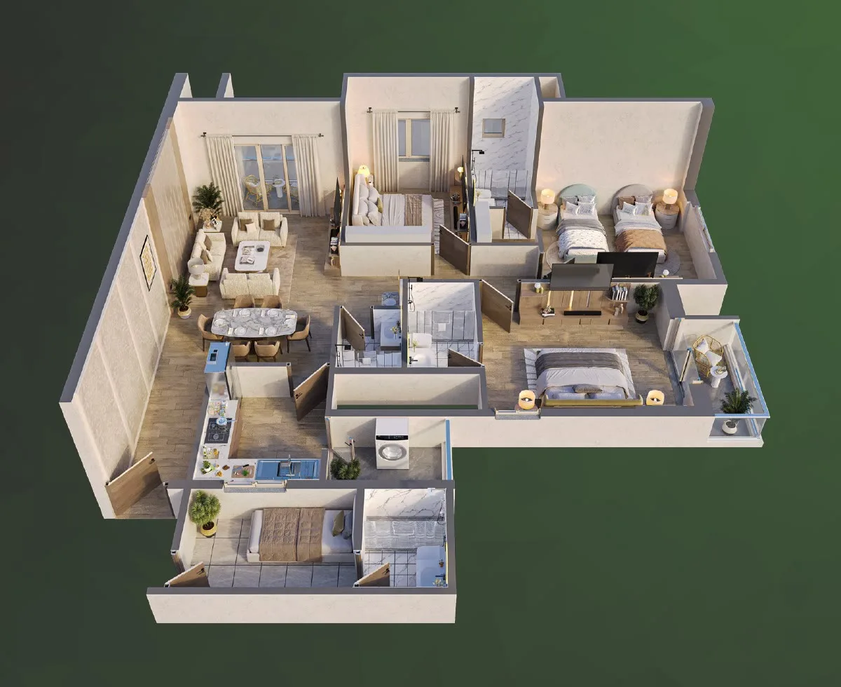 Furnished isometric of a Tower 1, 3.5 BHK residence