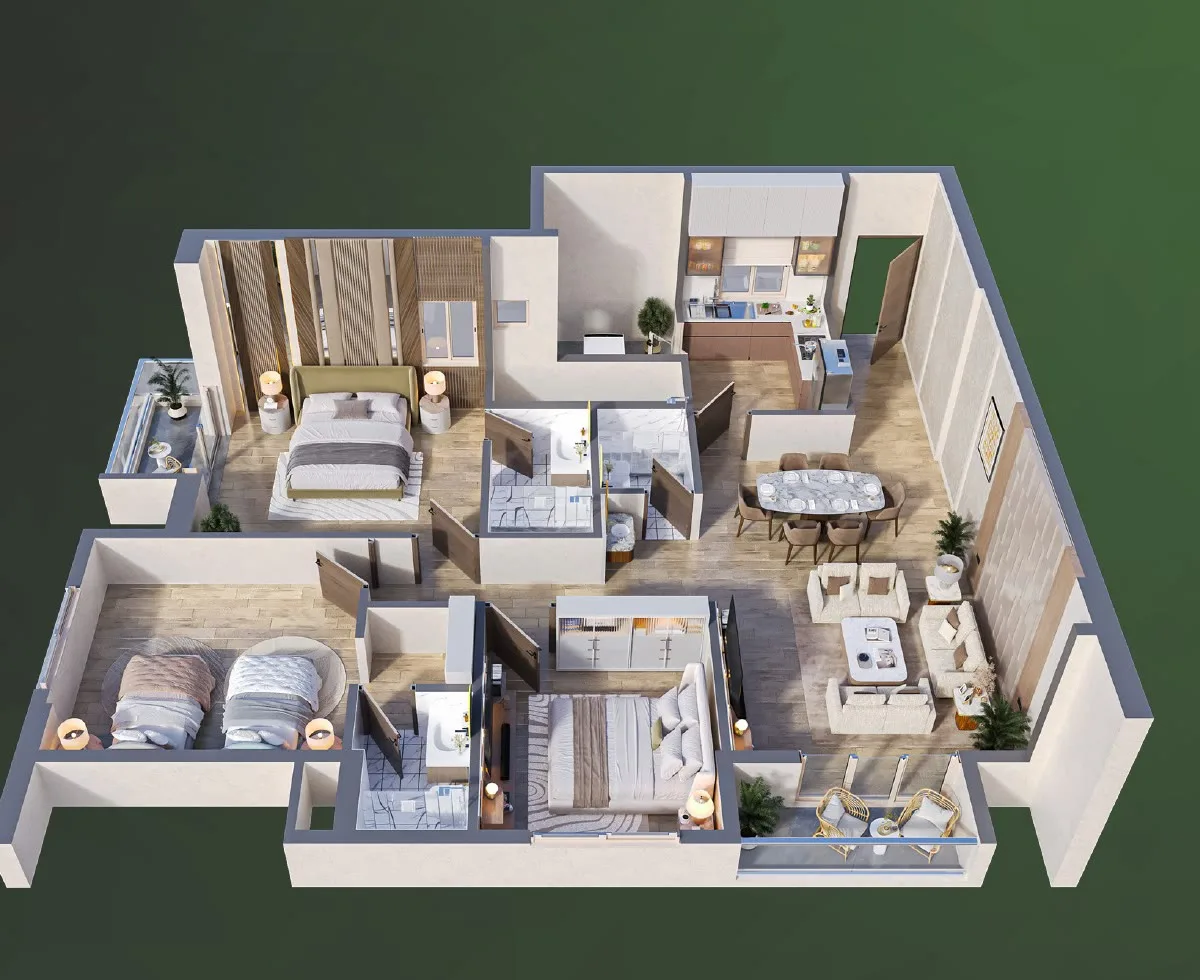 Furnished isometric of a Tower 1, 3 BHK residence
