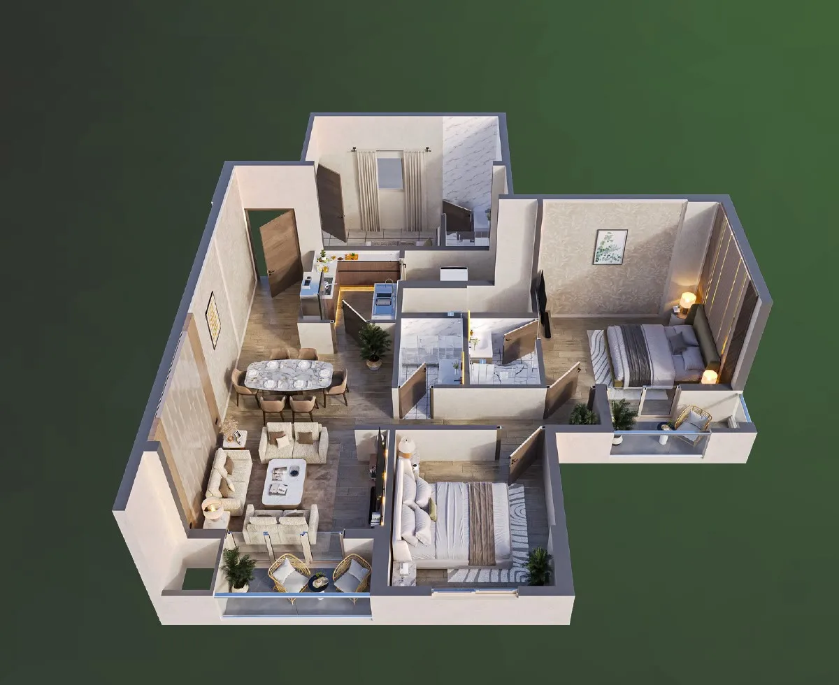 Furnished isometric of a Tower 2, 2.5 BHK residence