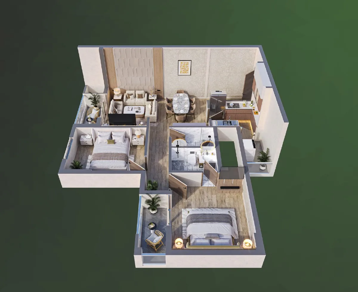Furnished isometric of a Tower 2, 2 BHK residence