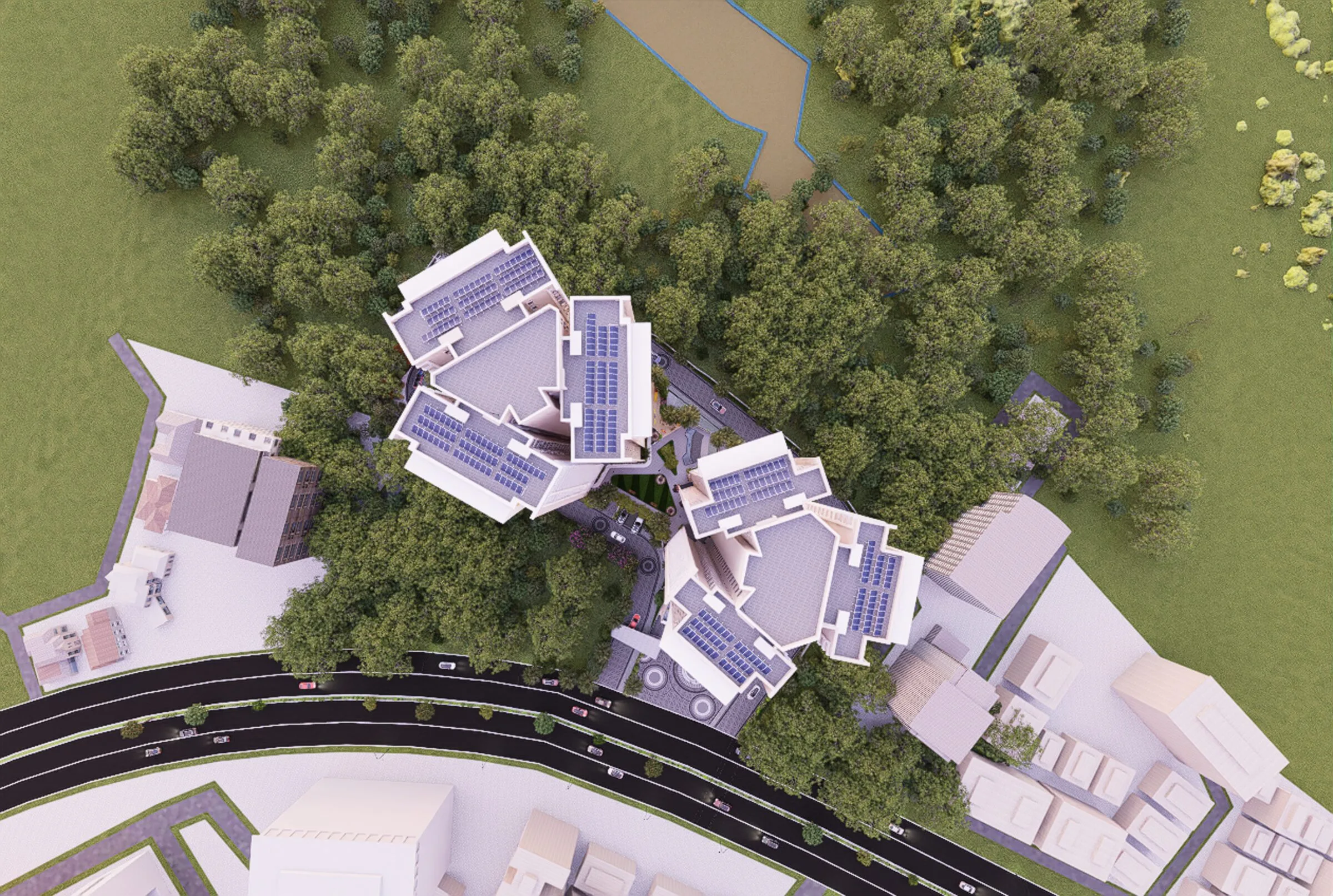 Top-down aerial of the Vumee Amrapalli development showing twin towers and podium