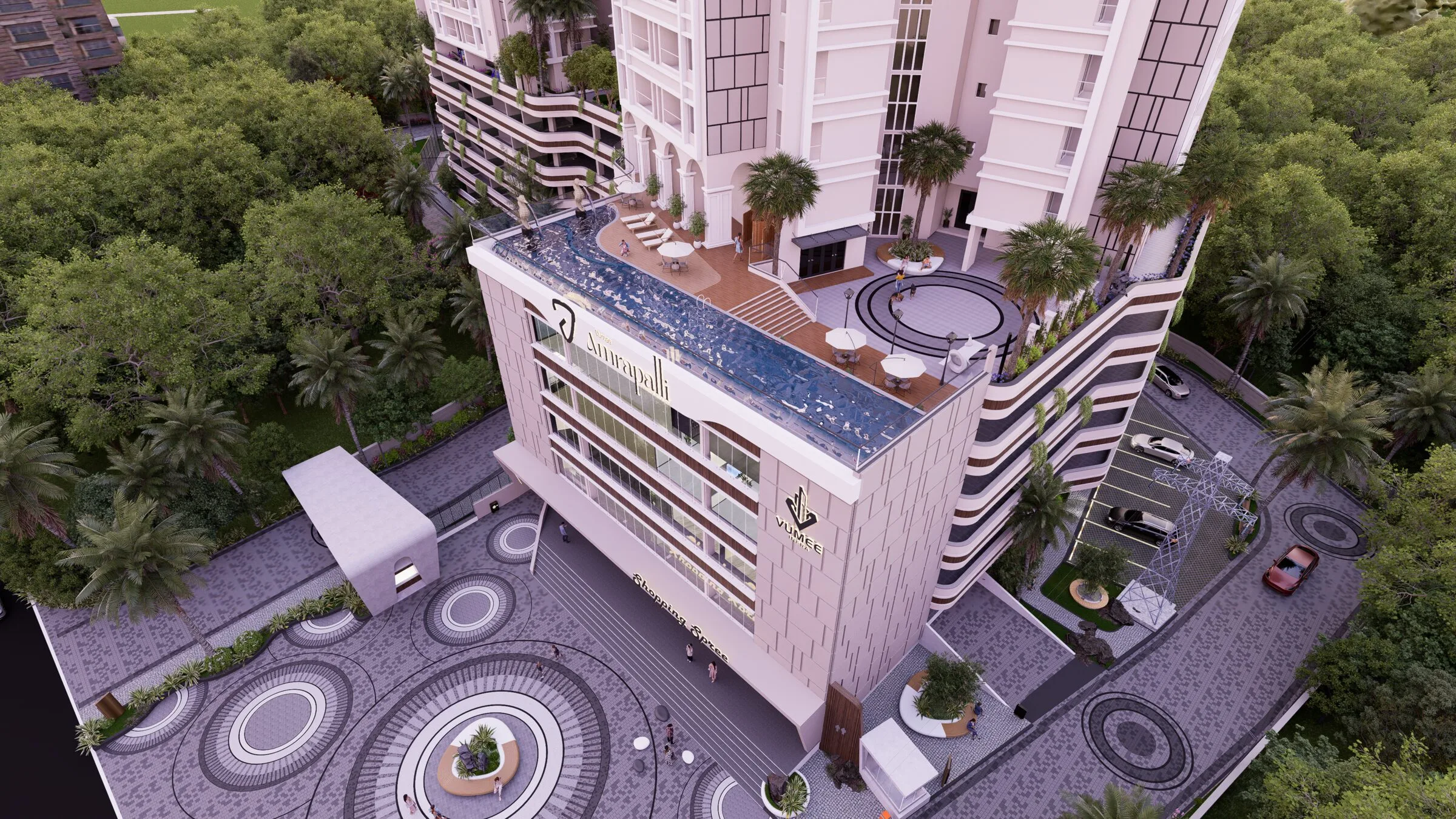 Aerial of podium with the infinity pool