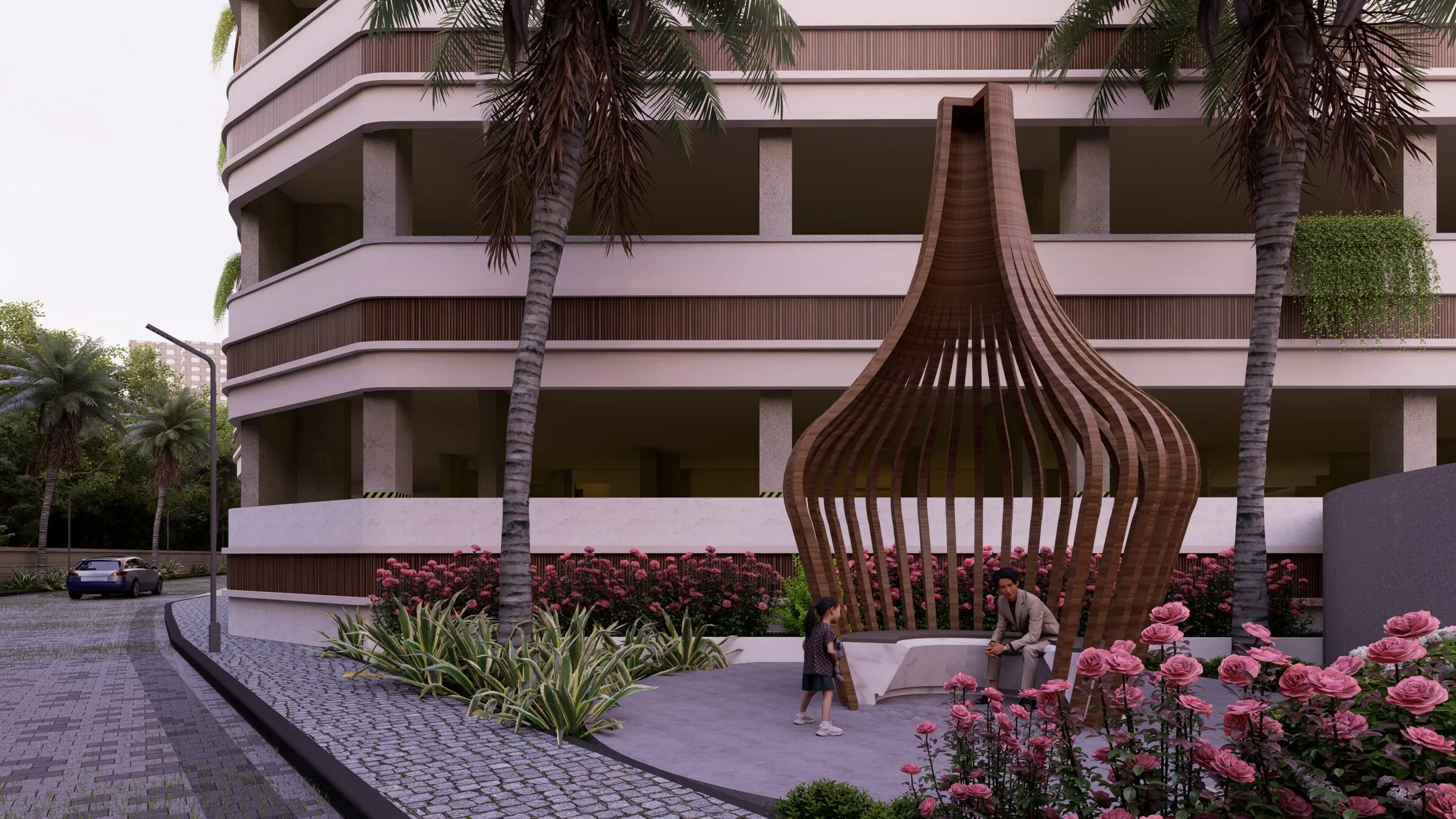 Landscape pavilion in flowering gardens
