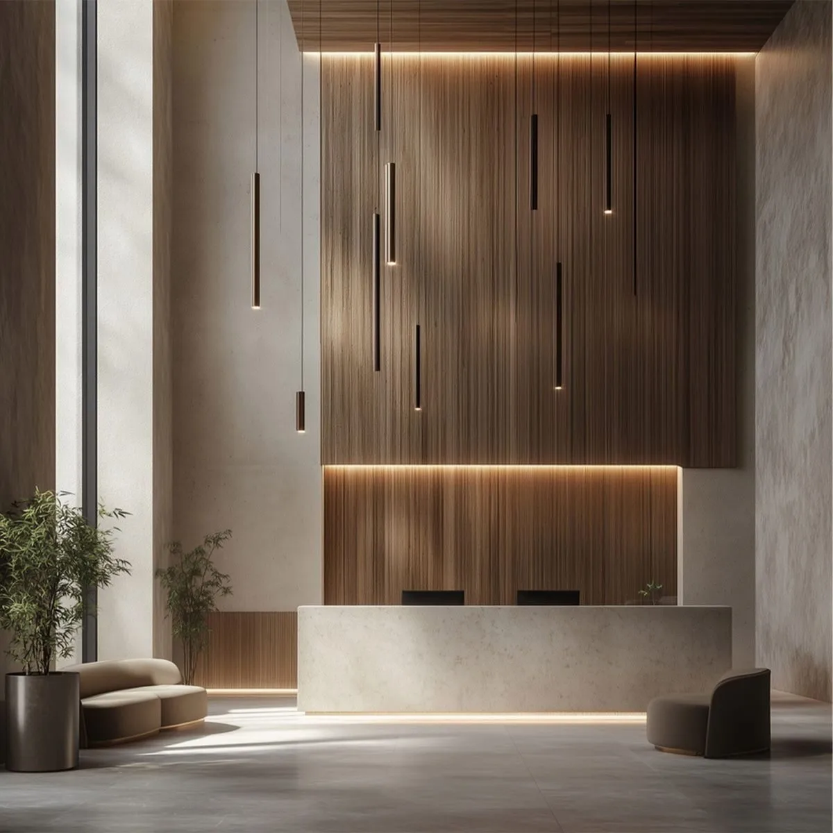Hotel-inspired warm-wood reception lobby at Vumee Amrapalli